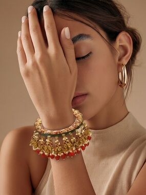 Indian Red Gold Jhumka Bangle Heavy Dangling Pearls Coral Statement Bracelet